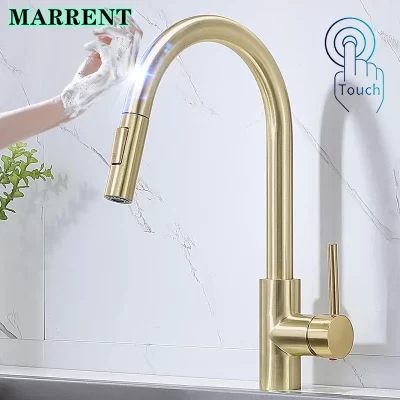 Torneira de cozinha de toque inteligente marrent quente e fria pull out torneira misturadora de cozinha luxo escovado ouro inteligente toque sensível torneiras de cozinha