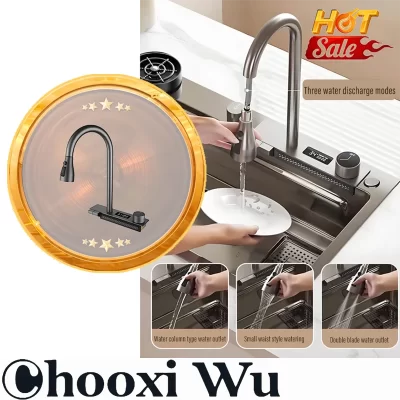 CHOOXIWU-Grande única tigela pia de cozinha de aço inoxidável com torneira-display digital cachoeira chuva 5 funções pia do prato do sistema
