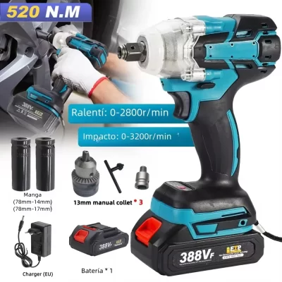 Chave de Impacto Elétrica Sem Fio, Broca De Mão Sem Escova, Ferramenta De Soquete Para Makita, Bateria 388V, 520N.m