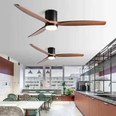 Low Profile Ventilador de teto com luz, 3 Esculpida Madeira Fan Blade, silencioso motor DC reversível, controle remoto para uso ao ar livre, 60"