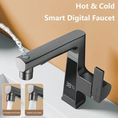 Display digital puxando torneira inteligente sensor de temperatura latão lavatório torneiras rotativa levantamento água fria e quente misturadora