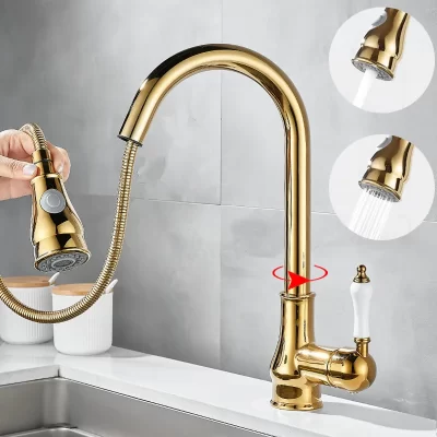 Ouro pull out torneiras de cozinha cromo único punho latão torneira da pia único furo rotativo misturador água torneira misturadora