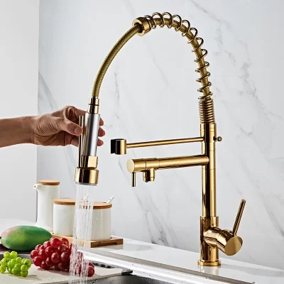 Torneira de cozinha dourada de aço inoxidável, misturadores de água fria e quente, furo único, rotação 360, mola, torneiras de pia de cozinha