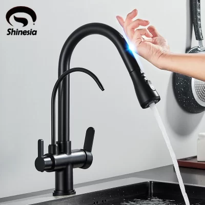 Shinesia sensor de toque filtro torneira da cozinha gourmet pull out água pura alça dupla preto misturador pia da cozinha