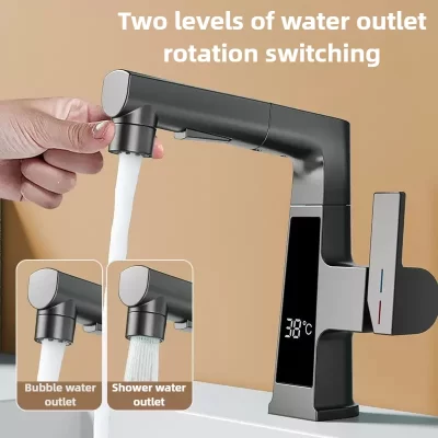 Display digital puxando torneira inteligente sensor de temperatura latão lavatório torneiras rotativa levantamento água fria e quente misturadora