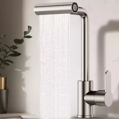 Torneira cascata de cozinha em aço inox 360 ° Cabeça de spray de fluxo de cascata rotativa misturador de pia de água quente e fria torneira de cozinha