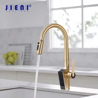 Jieni 360 giratória torneira da cozinha inteligente display digital puxar para baixo 3 modos de saída água torneiras misturadoras bronze para banheiro moderno