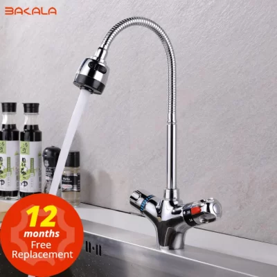 Torneira misturadora de cozinha com acabamento cromado, latão sólido, fria e quente, termostática, temperatura constante, torneira misturadora para pia