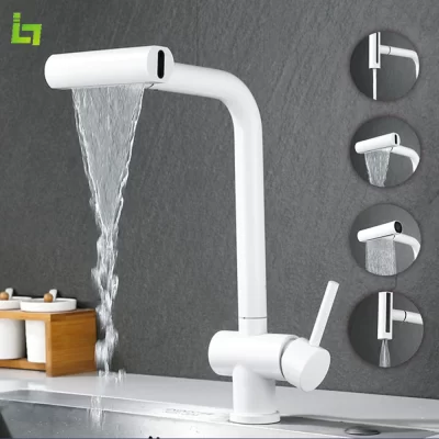 Torneira de cozinha cascata branca 360 ° Rotação fria e quente montada no deck pull out pia vários métodos de saída de água torneira