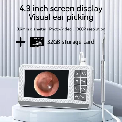 Otoscópio digital com lente de 3,9 mm, tela de 4,3 polegadas, câmera HD 1080P para limpeza de ouvido para crianças e adultos, equipar cartão TF grande de 32 GB