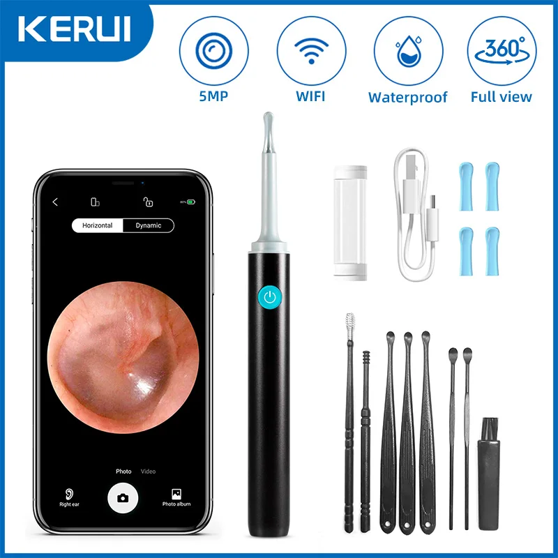 Kerui inteligente visual orelha varas otoscópio 5mp endoscópio câmera ferramenta de remoção de cera earpick mini câmera wi fi cuidados de saúde limpador de ouvido