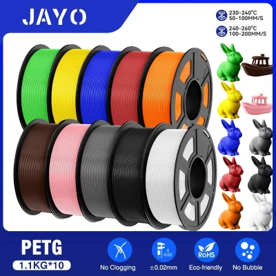 Jayo 10 rolos de filamento petg 175mm impressão 3d sem bolhas sem desenho suave várias cores opcionais para impressão 3d 1.1kg/1 rolo