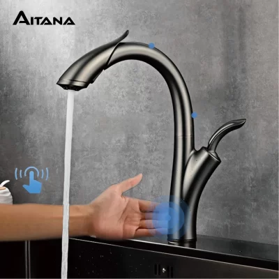 AITANA Arma de luxo cinza latão interruptor de toque inteligente torneira da cozinha pull out design água fria e quente moderna torneira da pia de 2 funções