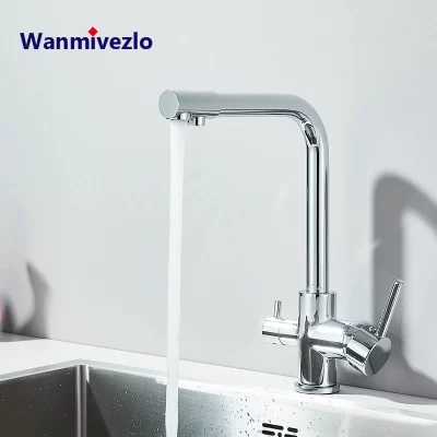 Torneira cromada para cozinha, bico giratório duplo, filtro de água potável, purificador de latão, pia, torneira misturadora, água quente e fria