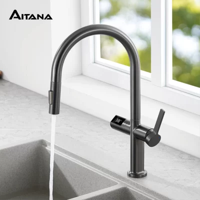Luz de luxo arma cinza latão torneira da cozinha display digital design indução único punho frio & quente dupla l 2 função pia torneira