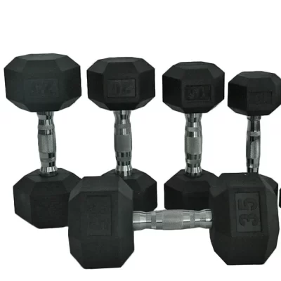 Halteres sextavados de borracha preta baratos fornecidos de fábrica para uso em academia Conjunto de halteres hexagonais de 10 kg para vendas