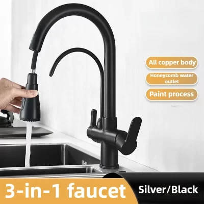 Torneira comercial de cozinha com pulverizador pull down de função dupla, torneira purificadora de filtro de água 3 em 1, torneira misturadora com mangueiras