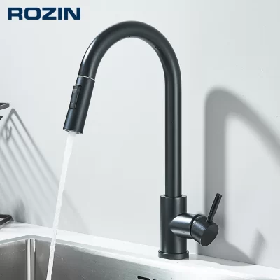 Torneira de cozinha flexível preta, bocal de 2 modos, Torneira misturadora de água quente e fria, Pulverizador montado no deck e córrego, Torneiras SUS 304