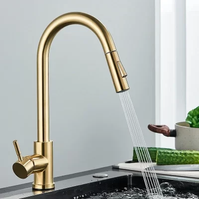 Ouro escovado torneira da cozinha pull out pia da cozinha torneira de água único punho misturadora rotação 360 torneira do chuveiro da cozinha