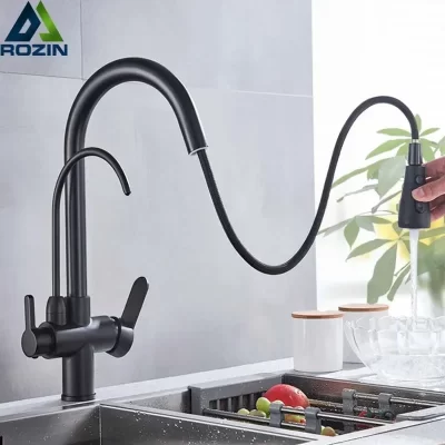 Rozin purificação torneiras de cozinha preto pull out cozinha filtro água torneira misturadora 3 vias para cozinha guindaste