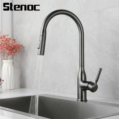 Nova única alça cinza torneira da cozinha com pulverizador pull down alto arco latão 360 giratória pia da cozinha deck montado cromo