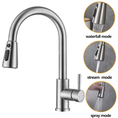Torneiras de cozinha níquel escovado pull out pia da cozinha água deck montado misturador fluxo pulverizador cabeça quente e fria tira