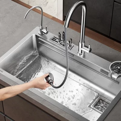 Pia de cozinha de aço inoxidável 304, grande capacidade, tigela única, multifuncional, estação de trabalho de vegetais, lavagem/corte/dreno em um conjunto completo
