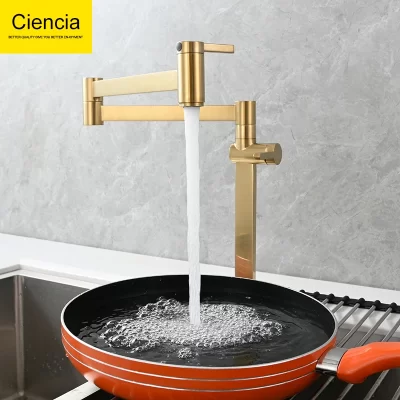 Ciência Latão Pot Filler Faucet, Deck Mount fogão torneira, torneira dobrável, esticável, dupla articulação, braço giratório, frio rotativo apenas