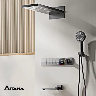 Sistema de chuveiro de latão luxuoso Design inteligente de display digital LED Controle duplo montado na parede Torneira de 4 funções fria e quente, latão cinza