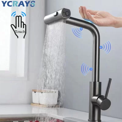 Ycrays-Smart Touch Control torneira da cozinha, 3 modos, guindaste de cachoeira preto, sensor de níquel escovado, puxe o misturador, torneira de água pia, cinza