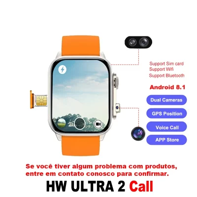 4g completo netcoms smartwatch para homens mulheres hw ultra 2 call android 8.1 cartão sim gps wifi app baixar câmera dupla relógio inteligente