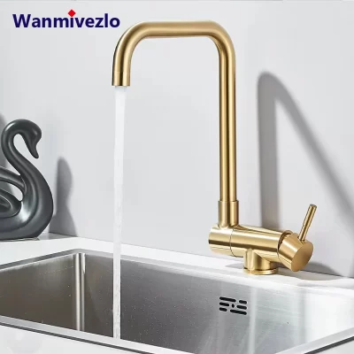 Torneira De Pia De Cozinha Dobrável De Ouro Escovado, 360 Rotação, Aço Inoxidável, Chumbo Banheiro, Torneira Misturadora