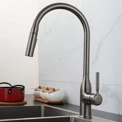 Pistola cinza pull-out torneira da pia da cozinha dupla água lavatório pia 360 ° Torneira para pia de cozinha com mola removível e rotação