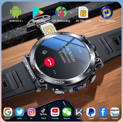 1.39 polegadas 4g rede cartão sim relógio inteligente câmera dupla gps wifi nfc robusto 64g-rom google play ip67 android masculino feminino smartwatch