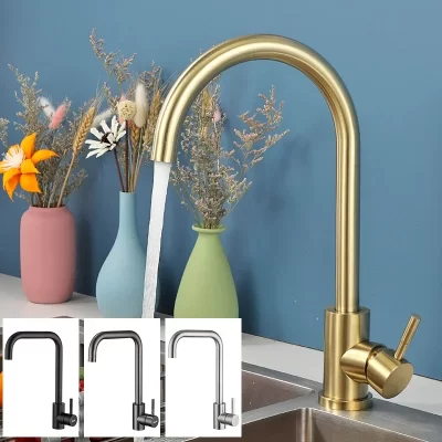 Ula torneiras de cozinha escovado ouro aço inoxidável 360 girar torneira da cozinha deck montagem água quente fria pia misturadora torneiras