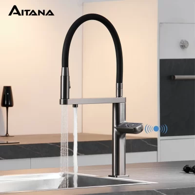 Pistola de luxo cinza torneira da cozinha toque inteligente display digital design duplo controle frio & quente filtragem água detecção pia torneira