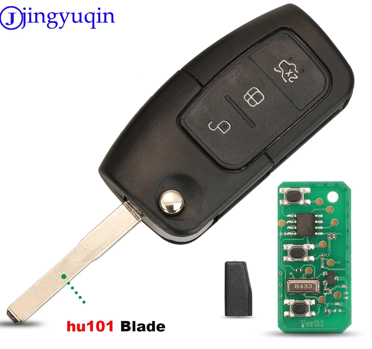Jingyuqin chave remota do carro fob como 433mhz para ford fiesta focus 2 ecosport kuga escape c max ka fob hu101/fo21 3 botões - Image 3