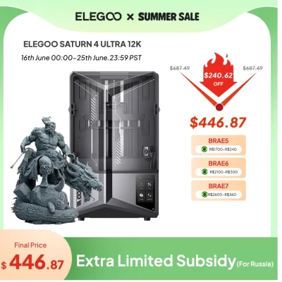 Impressora 3D de resina ELEGOO SATURN 4 ULTRA 12K com nivelamento automático, monitoramento de impressão AI, tamanho de impressão de alta velocidade 218x122x220mm