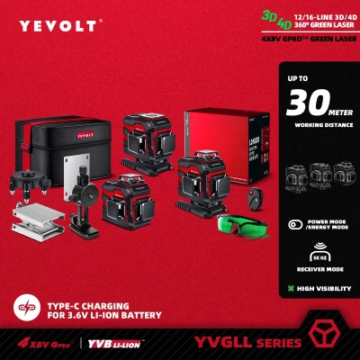 Yevolt yvgll4xs-série laser verde nível 3/4 aviões 12/16 linha auto-nivelamento 360 3d/4d ferramenta de medição de energia horizontal e vertical