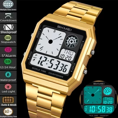 Skmei eletrônica relógios esportivos para homens clássico analógico display digital vários fusos horários led à prova dwaterproof água masculino 5 despertador