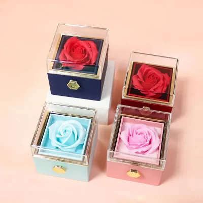 Caixa de jóias giratória eterna rosa flor, anel, brincos, colar de armazenamento, casamento, presente do dia dos namorados para amantes, 1pc