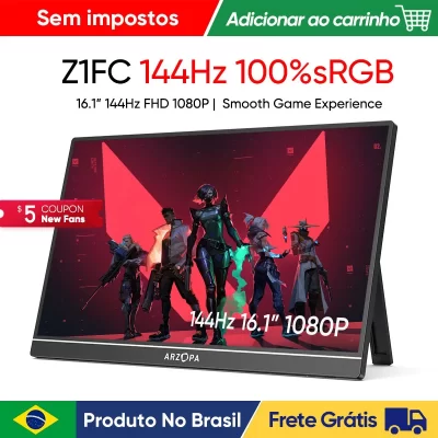 [produto no brasil] Novo ARZOPA 16.1 inch 144hz 1080P 100% sRGB FHD Monitor Portátil de Jogos HDR Segunda Tela para Interruptor, Xbox,PS5, laptop, PC,Mac Z1FC