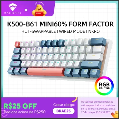 Machenike K500-B61 Mini Teclado Mecânico Formato 60% com Fio, Teclas Removíveis, Retroiluminação RGB, 61 Teclas para Jogos.
