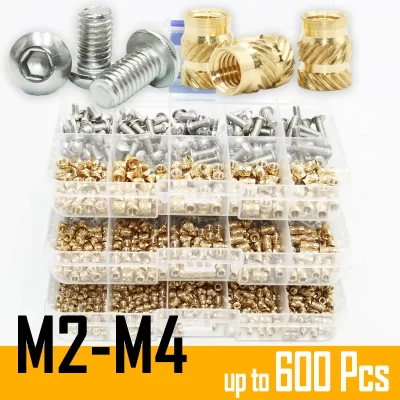 Conjunto de porca de inserção de latão 600 e parafuso de aço inoxidável, rosca serrilhada quente, parafuso de porca de calor de cobre para impressora 3d de plástico