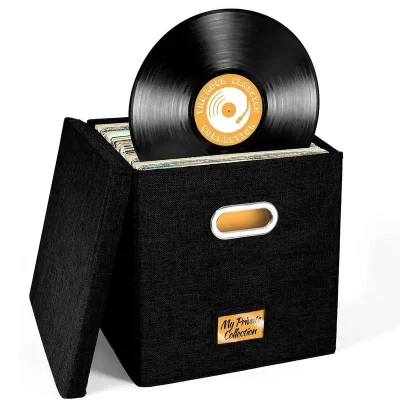 Caixa de armazenamento de vinil com tampas, caixas de tecido para até 50 + álbuns, registros Crate, LP Album Storage, 12"