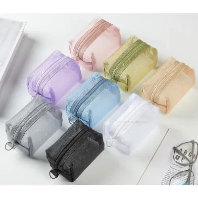 Novo saco transparente mini zíper portátil quadrado malha de náilon moeda bolsa grande capacidade chave fone de ouvido organizador bolsa saco de cartão