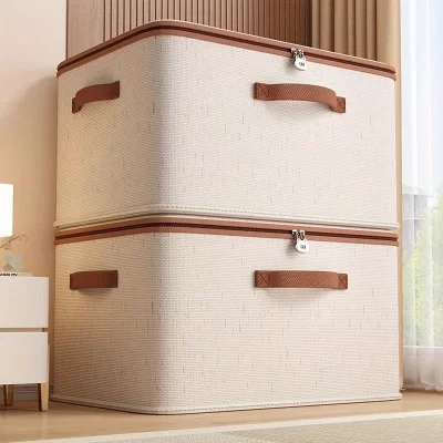 Caixa de armazenamento branca com zíper – Organizador de linho resistente para roupas, joias, sapatos e acessórios, viagens e uso doméstico