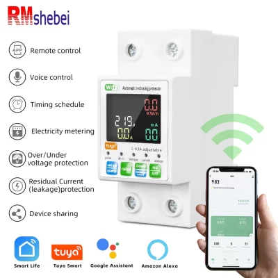 RMshebei 63a Tuya Disjuntor Inteligente alexa wifi interruptor vida inteligente relé de Tensão 220v medidor de energia elétrica 63A