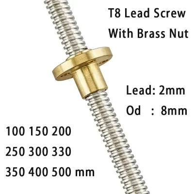 Parafuso de chumbo t8 com porca od 8mm chumbo 2mm passo 2mm 100mm 200mm 300mm 400mm 500mm parafuso de chumbo com porca de latão reprap peças de impressora 3d