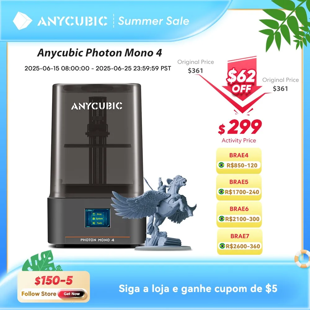 Pré-venda ANYCUBIC Photon Mono 4 LCD Impressora 3D com tela de alta definição de 7 "10K Impressão 3D de resina UV de alta velocidade 153 × 87 × 165 mm